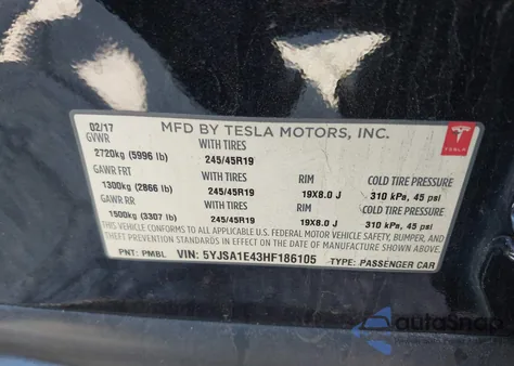 2017 Tesla Model S 100D/60D/75D/90D/P100D из США, поврежденный, VIN 5YJSA1E43HF186105